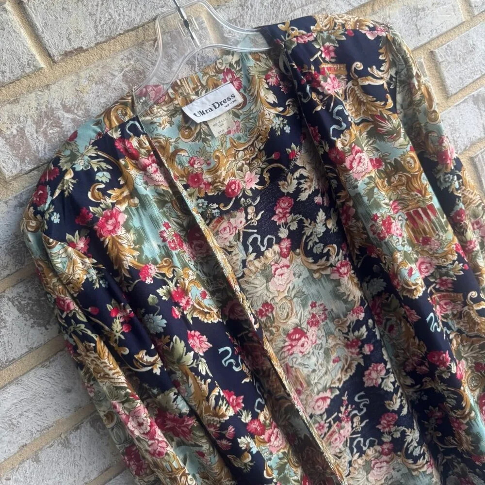 Ultra Dress Vintage 3/4 Sleeve Floral Boho Open Front Cardigan Cover Up Size 14